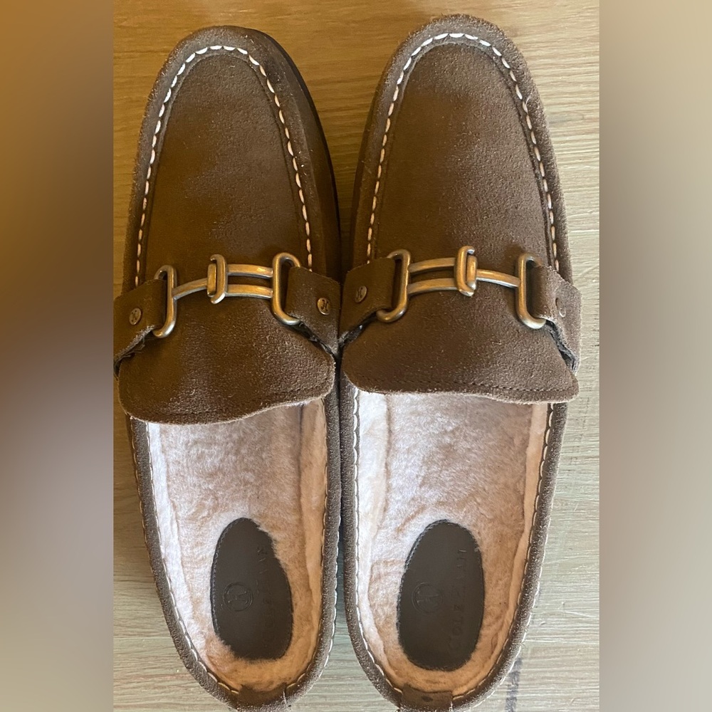 Women’s Cole Haan Suede Slip-on Loafers with Buckle Detail and Faux Fur Lining